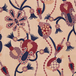 Detail of a playful graphic botanical design  in shades red, purple and pink on a fpale pink field.