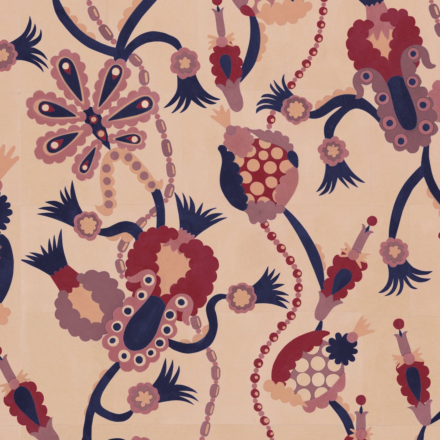 Detail of a playful graphic botanical design  in shades red, purple and pink on a fpale pink field.