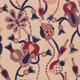 Detail of a playful graphic botanical design  in shades red, purple and pink on a fpale pink field.