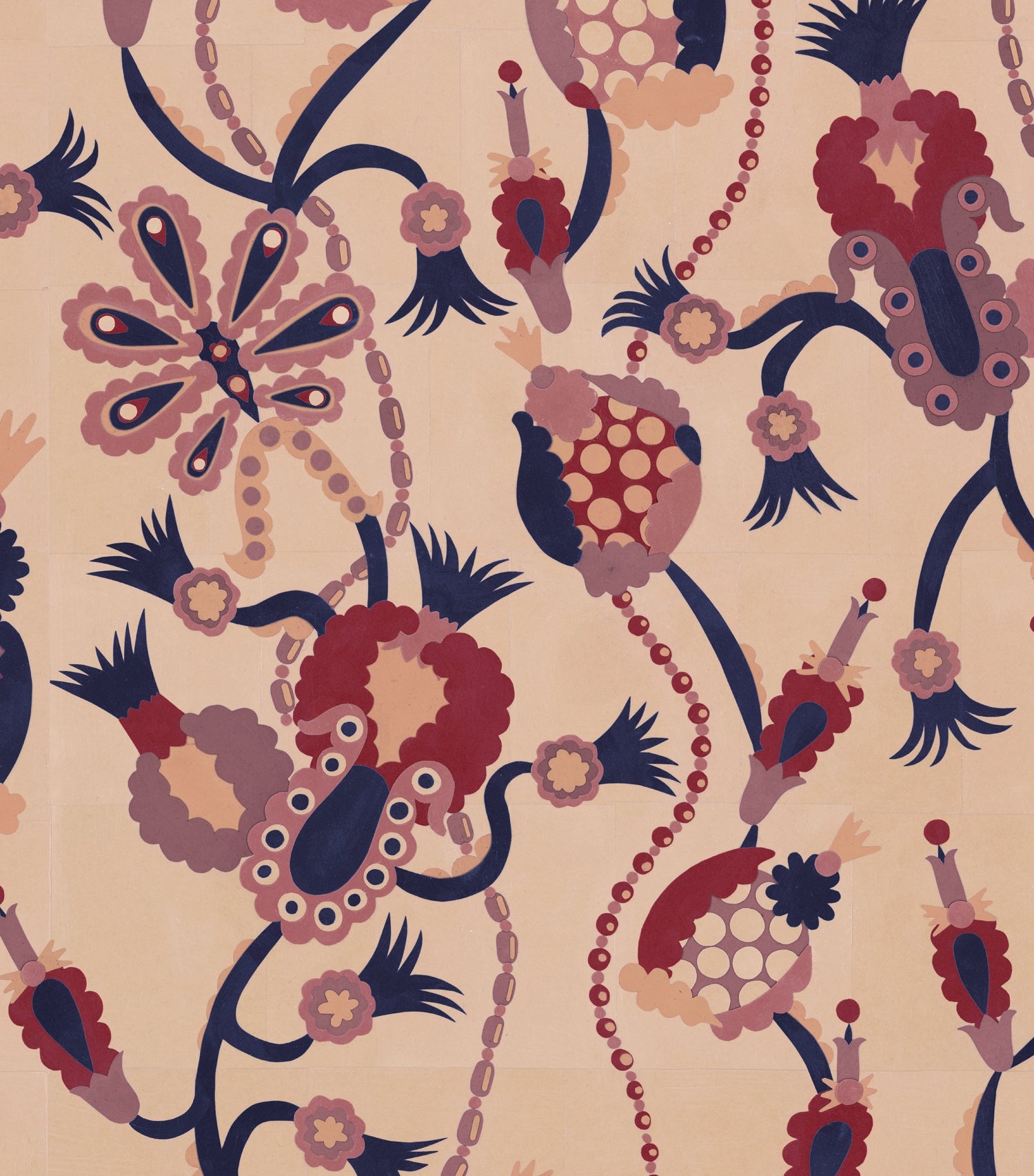 Detail of a playful graphic botanical design  in shades red, purple and pink on a fpale pink field.