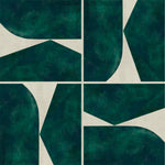 Detail of wallpaper in a geometric grid print in dark green on a mottled cream field.