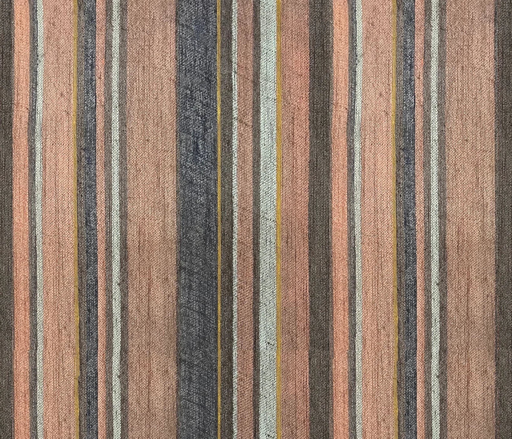 Detail of wallpaper in an irregular stripe print in shades of brown, pink, navy and turquoise.