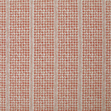 Detail of fabric in a dense repeating stripe and star print in red on a cream field.