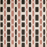 Close up of wallpaper with graphic plaid pattern in light and dark pink, beige and black. 