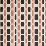 Close up of wallpaper with graphic plaid pattern in light and dark pink, beige and black. 