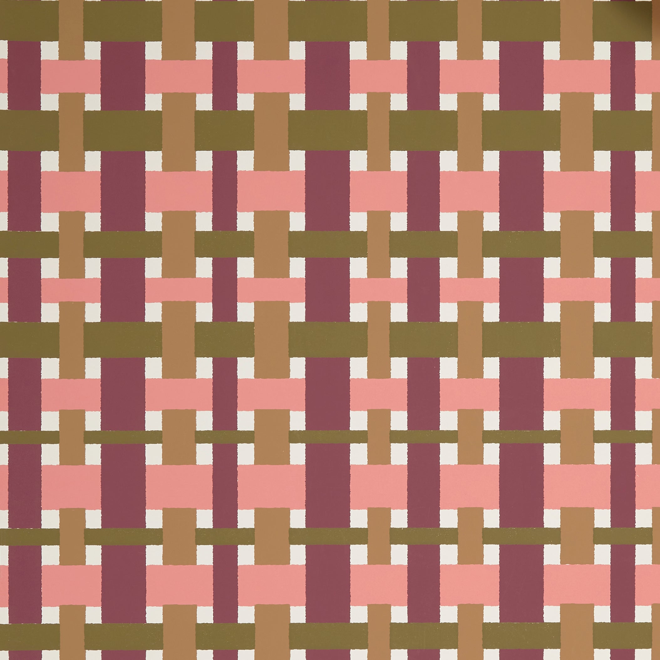 Close up of wallpaper with graphic plaid pattern in coral pink, plum, olive green and tan. 