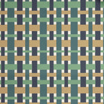 Close up of wallpaper with graphic plaid pattern in green, navy blue and tan. 