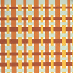 Close up of wallpaper with graphic plaid pattern in red, orange, yellow and aqua blue.