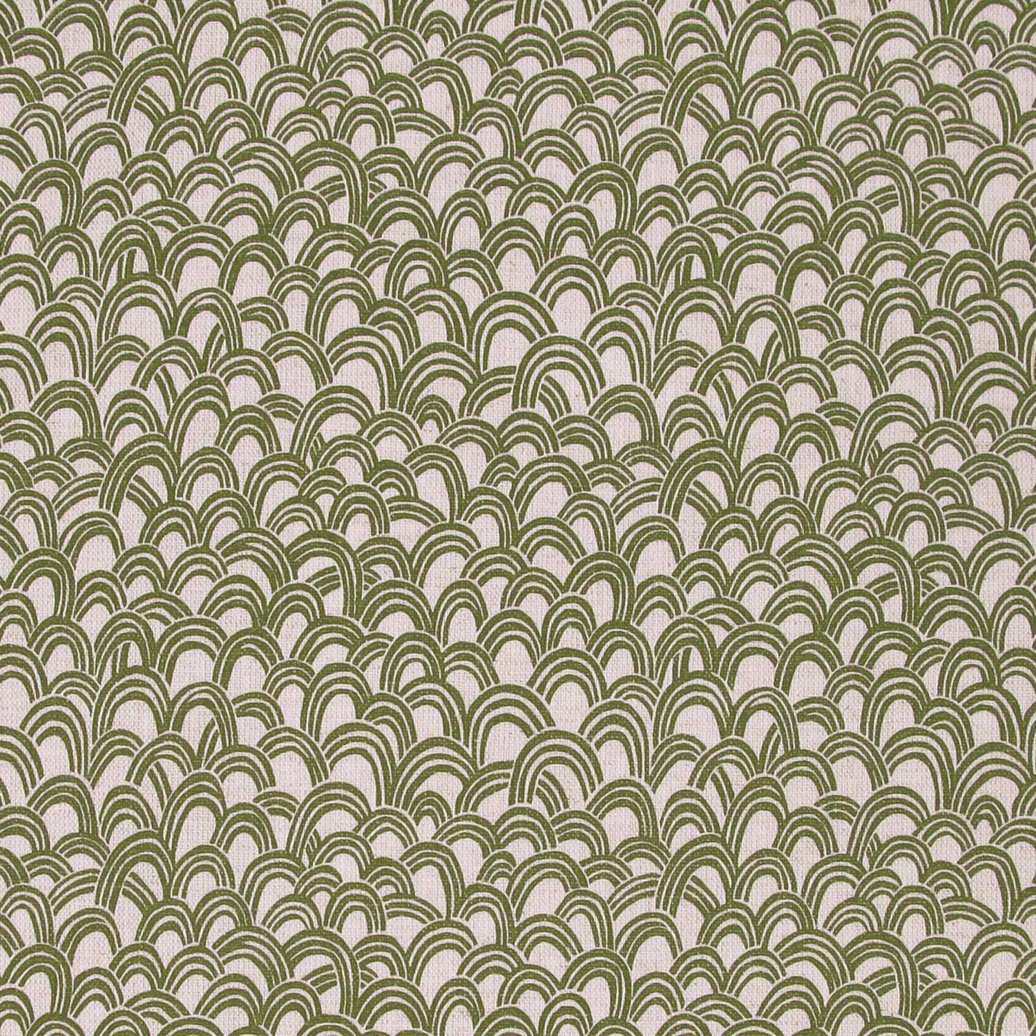 Patterned fabric with a design of curved shapes in green on a beige background