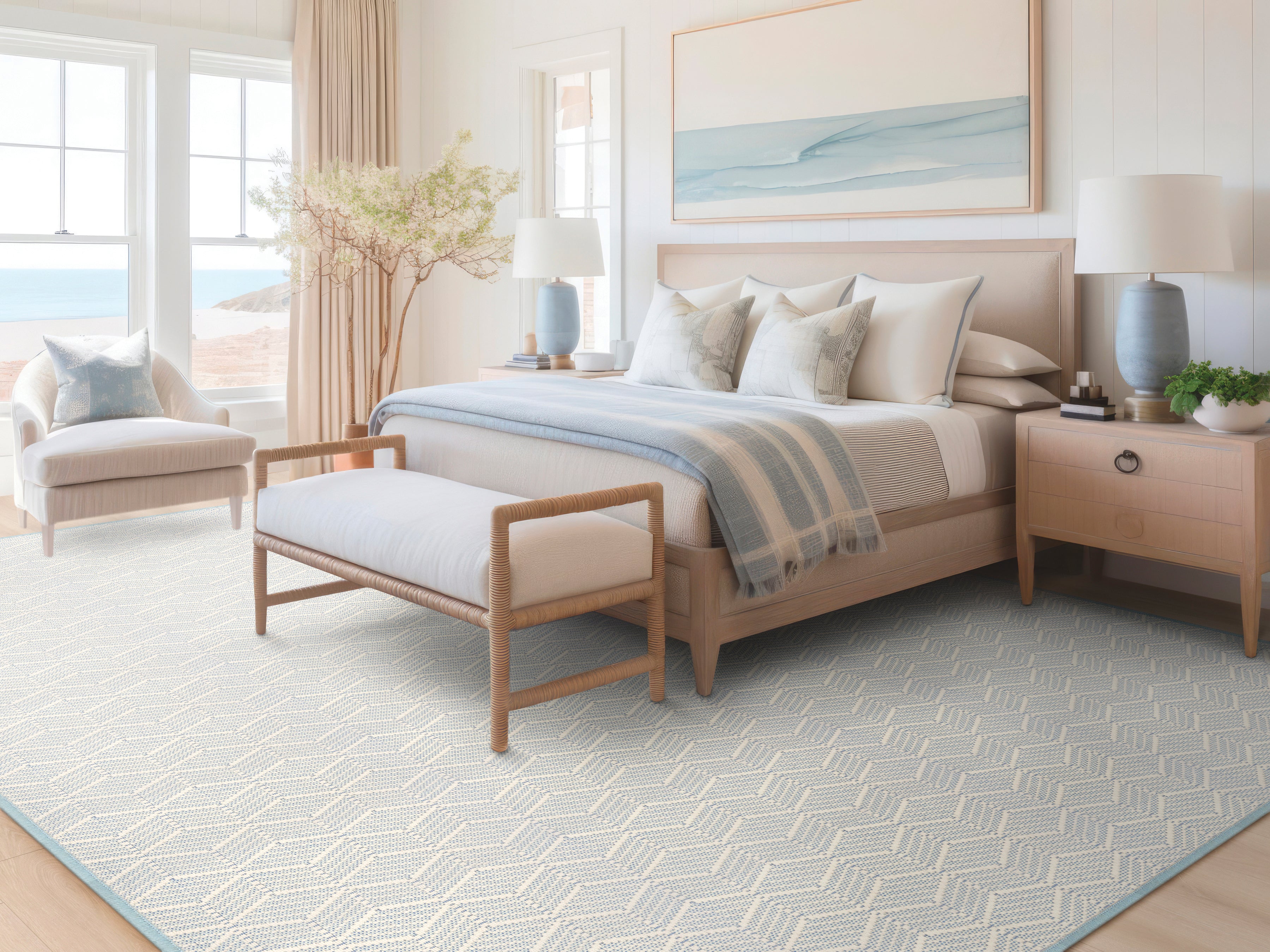 Coastal bedroom setting in blues and beige, with a blue Bellamar area rug.