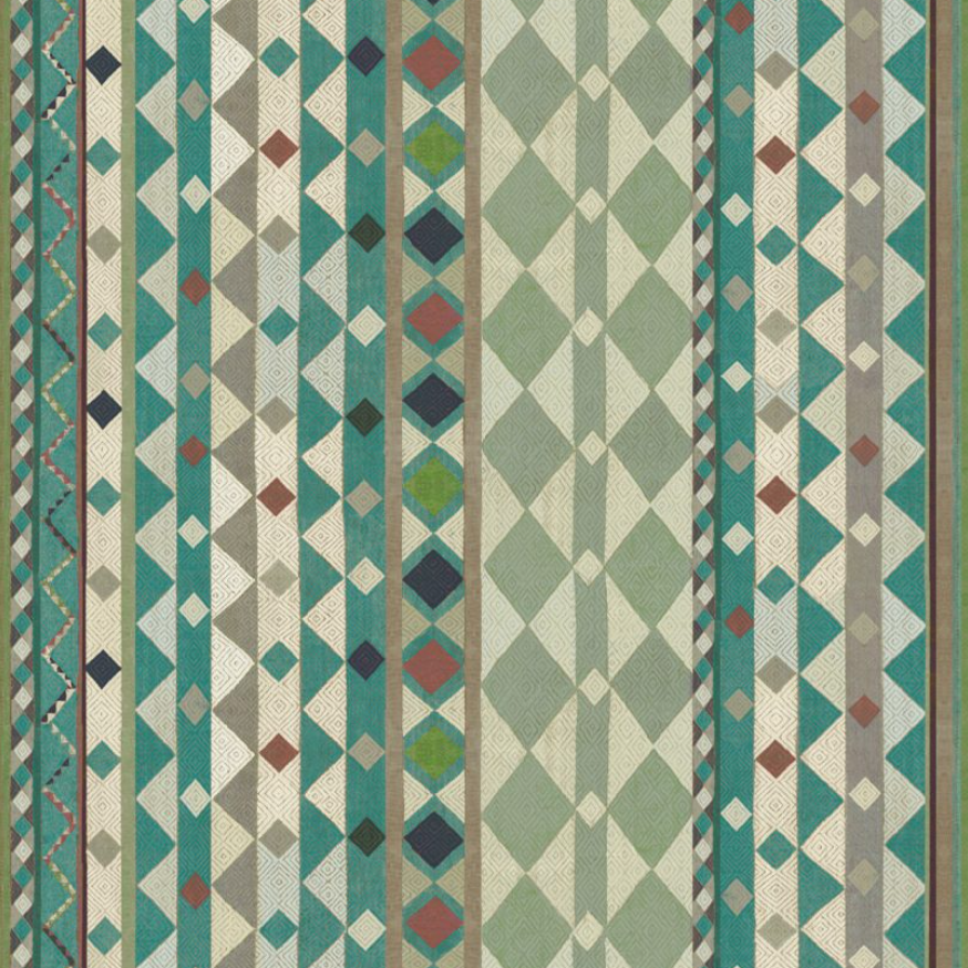 Detail of fabric in a global geometric print in shades of turquoise, green, brown and cream.