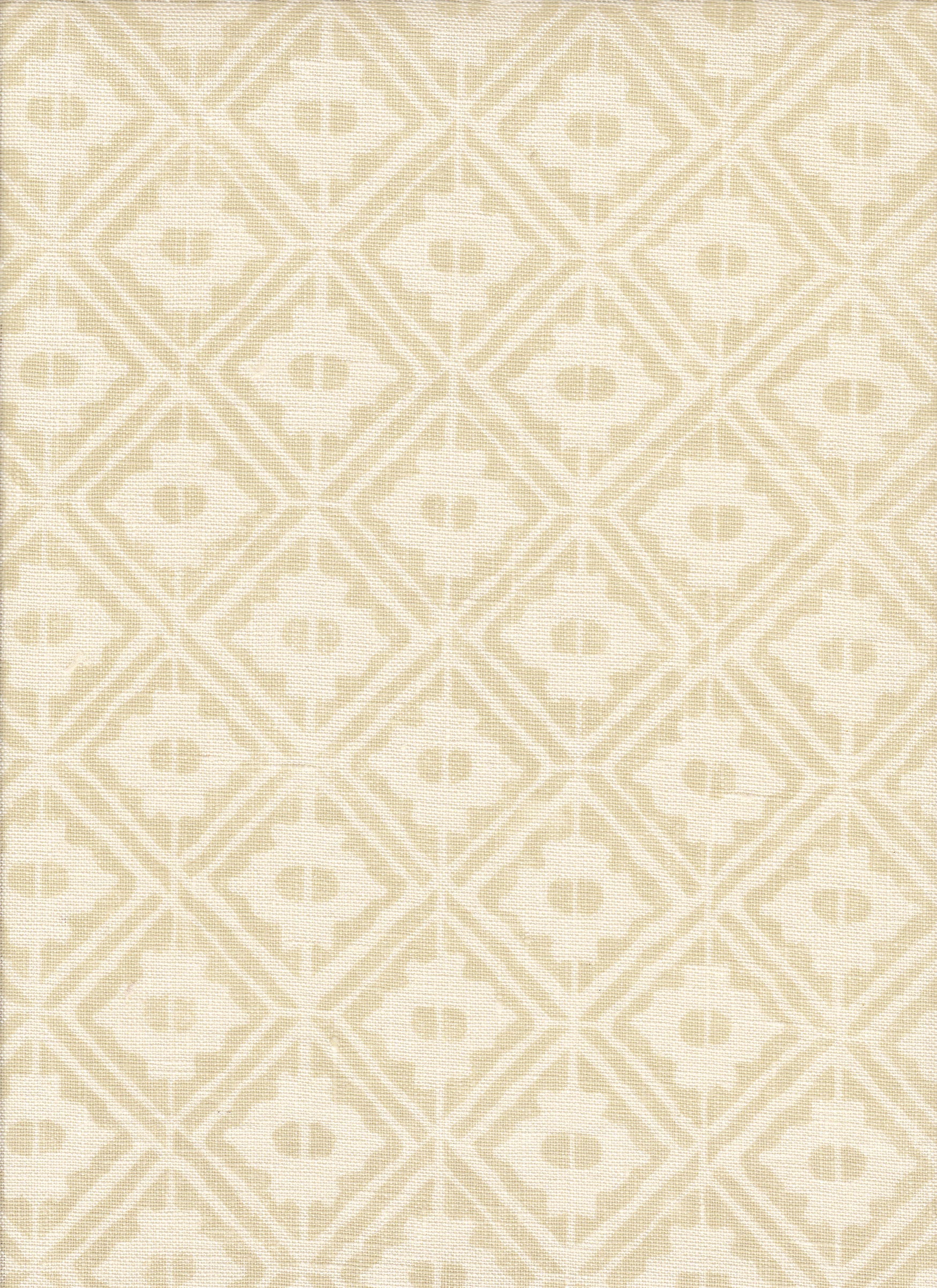 Detail of fabric in a geometric lattice grid in tan on a cream field.