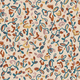 Patterned wallpaper with abstract floral design in teal, pink and orange on a cream field.