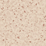 Patterned wallpaper with handsketched floral design in rust red on a beige field. 