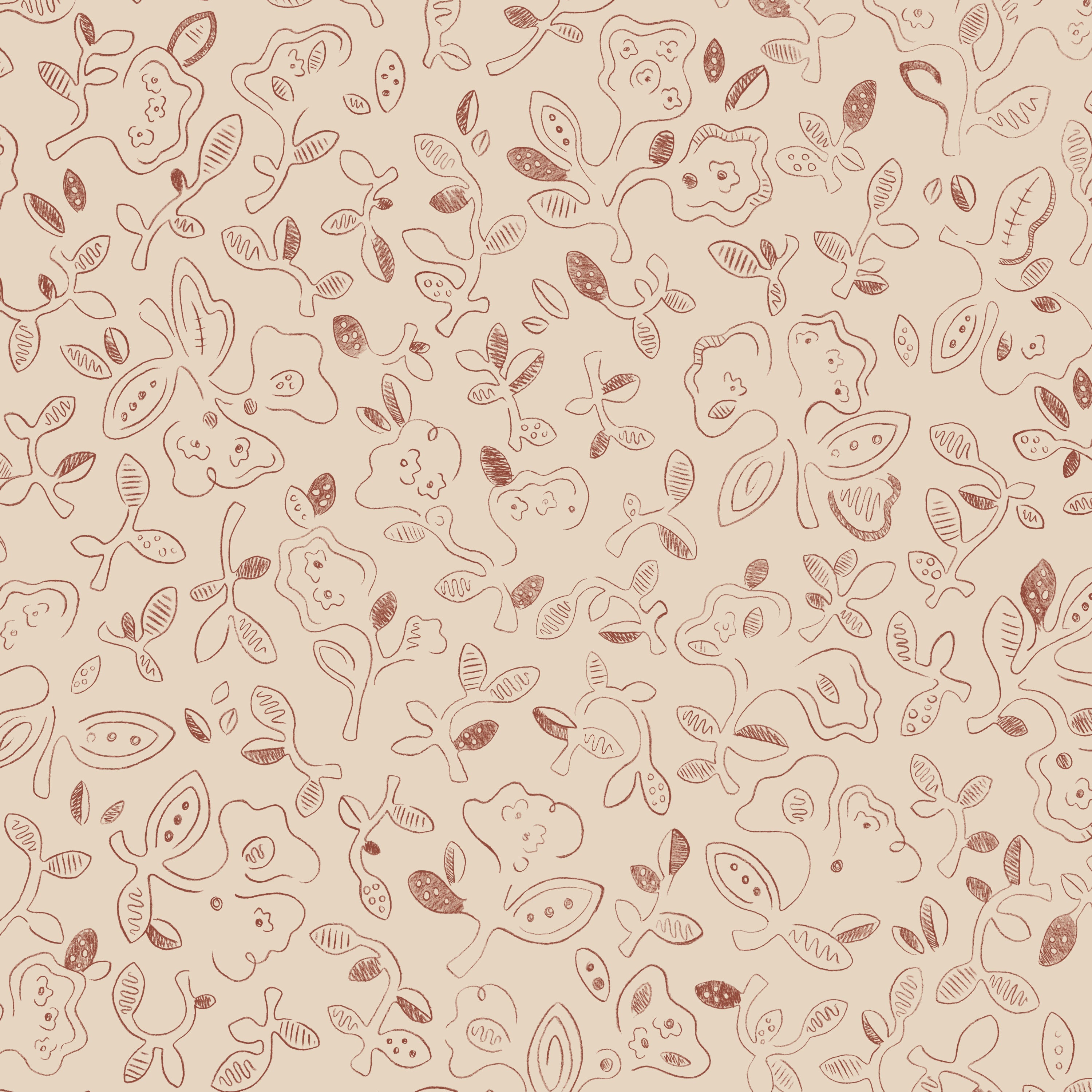 Patterned wallpaper with handsketched floral design in rust red on a beige field. 