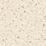 Patterned wallpaper with handsketched floral design in taupe on a beige field.