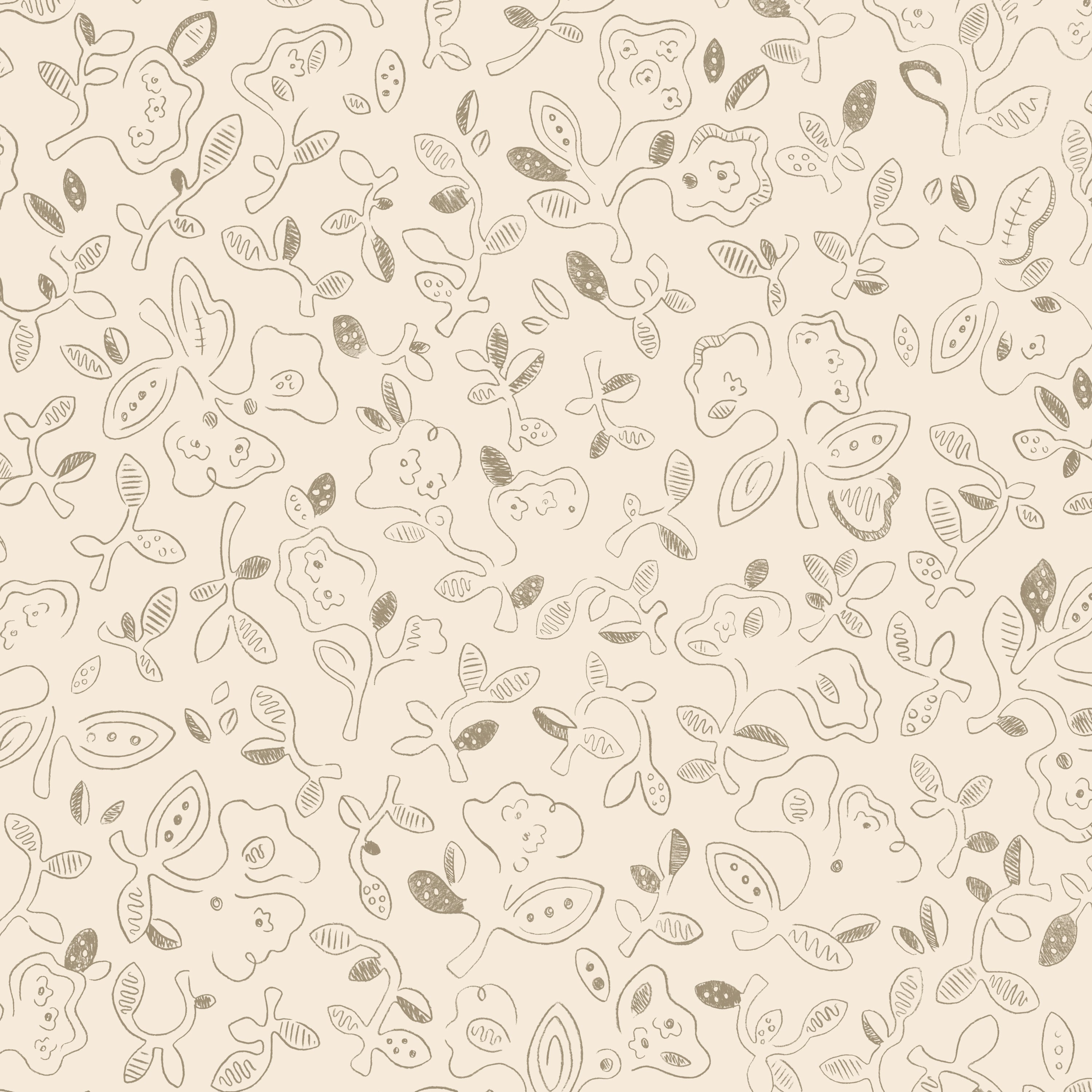 Patterned wallpaper with handsketched floral design in taupe on a beige field.