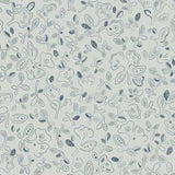 Patterned wallpaper with handsketched floral design in navy on light blue.