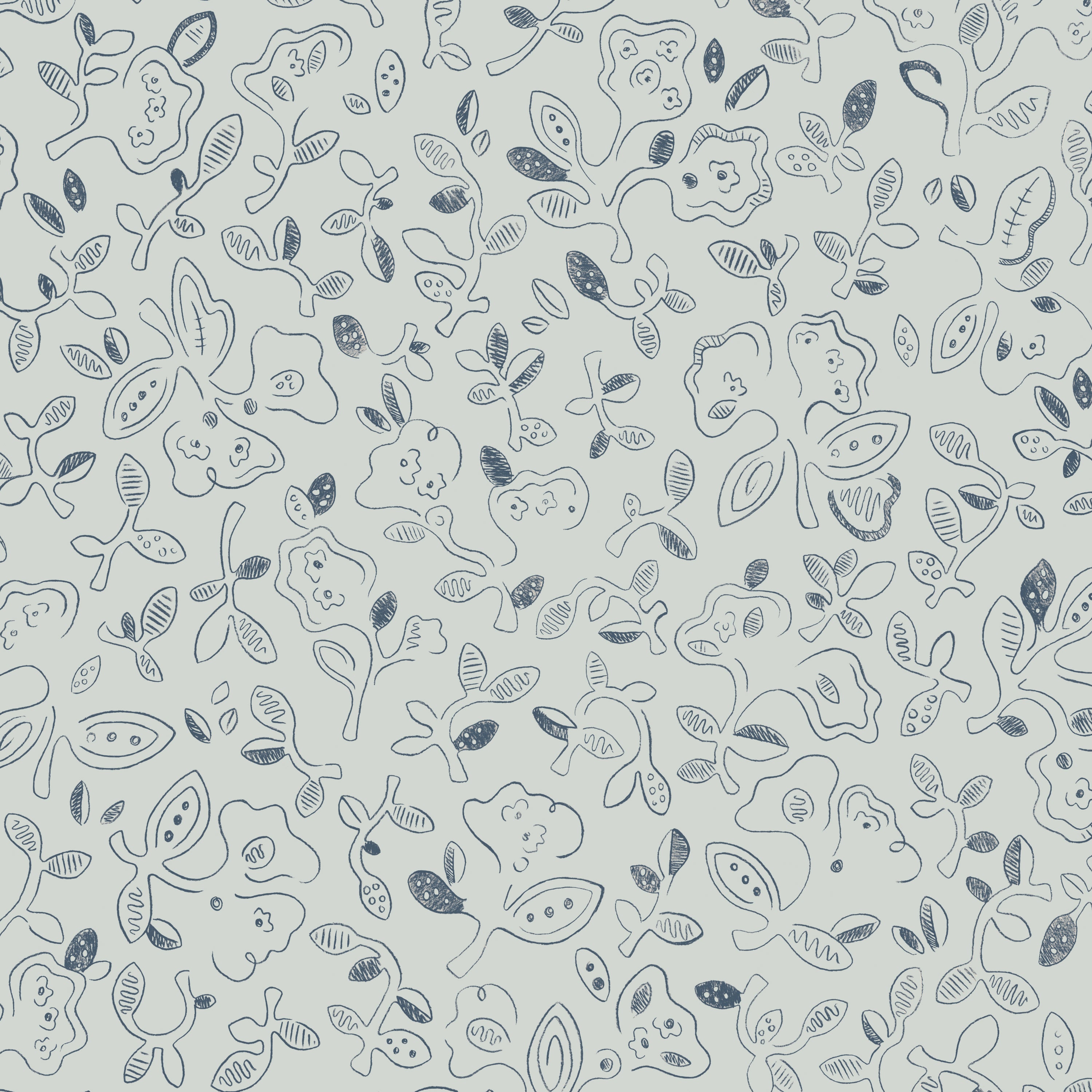 Patterned wallpaper with handsketched floral design in navy on light blue.