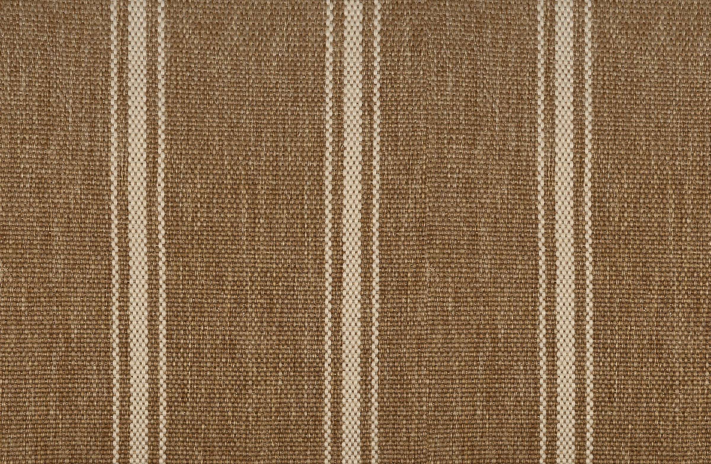 Outdoor broadloom carpet in a wide stripe in brown and creme. 
