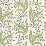 Printed linen in a scrolling floral pattern in blue and green on a cream field. 