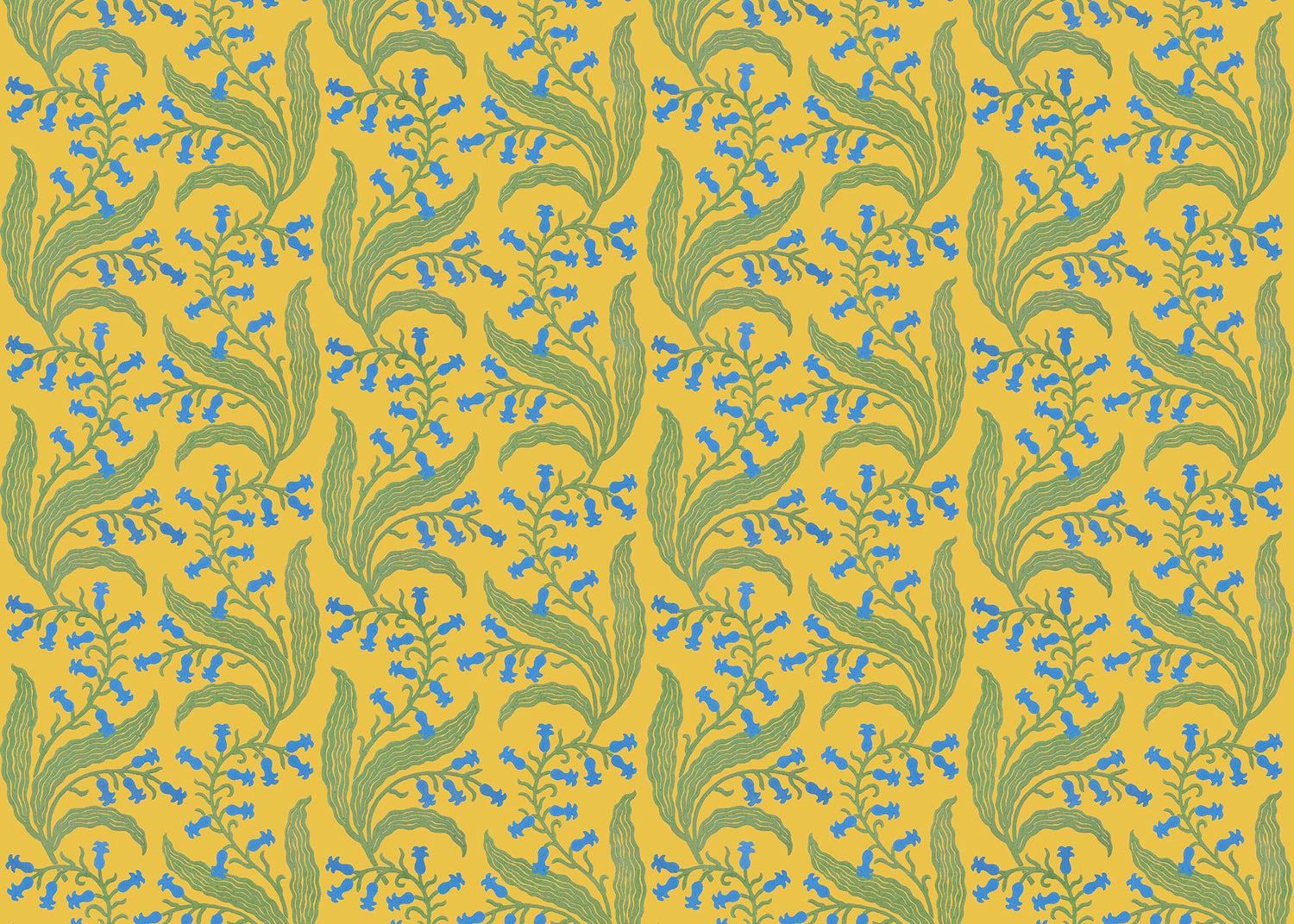 Wallpaper in a scrolling floral pattern in blue and green on a yellow field. 