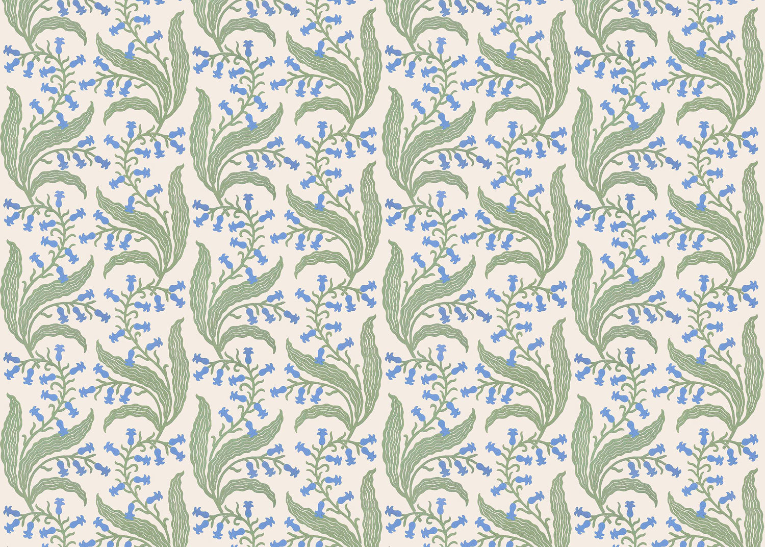 Wallpaper in a scrolling floral pattern in blue and green on a cream field. 