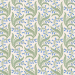 Wallpaper in a scrolling floral pattern in blue and green on a cream field. 