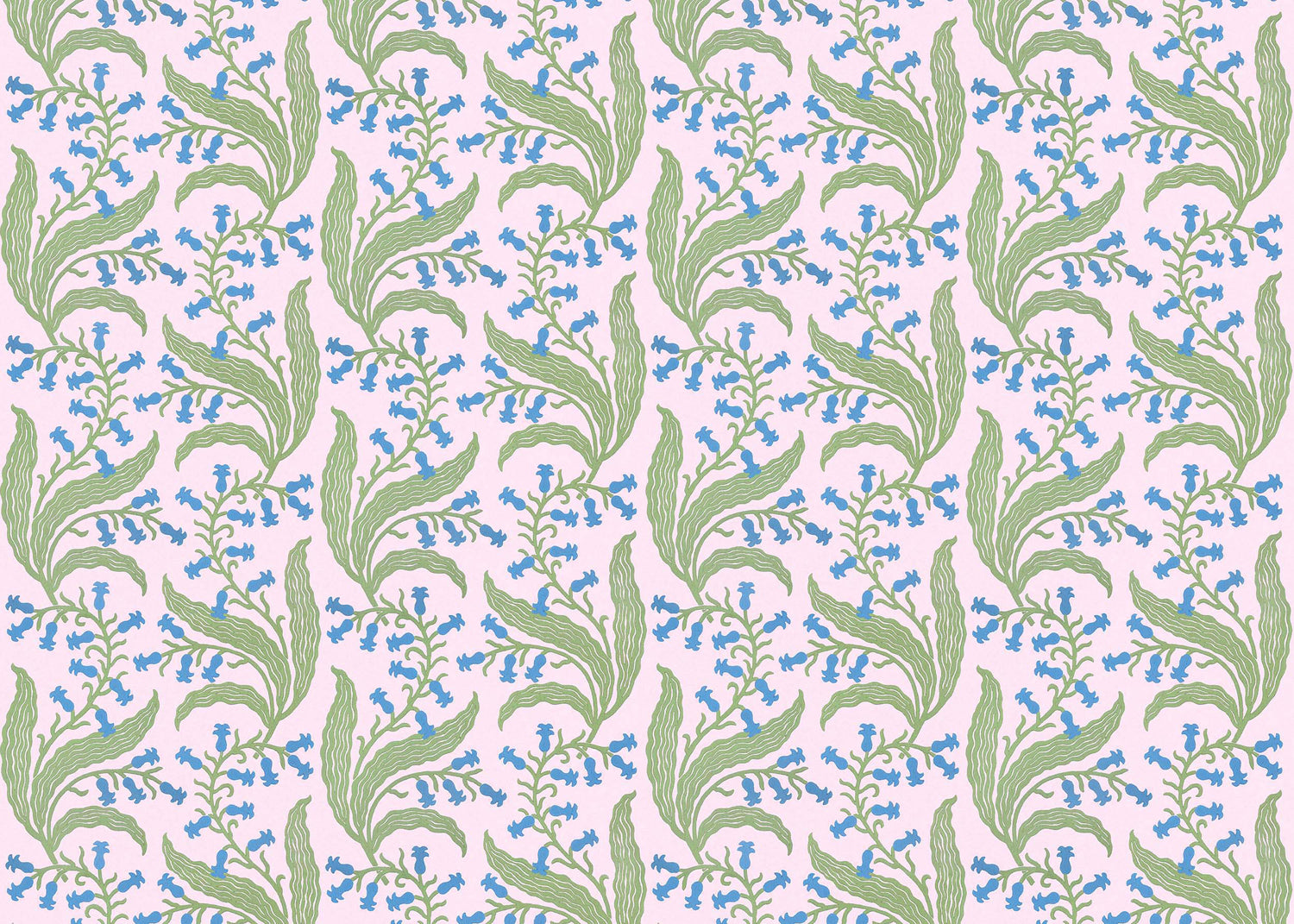 Wallpaper in a scrolling floral pattern in blue and green on a pink field. 