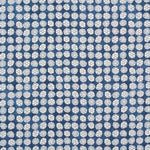 Detail of fabric in a circular floral print in light blue and white on a mottled blue field.