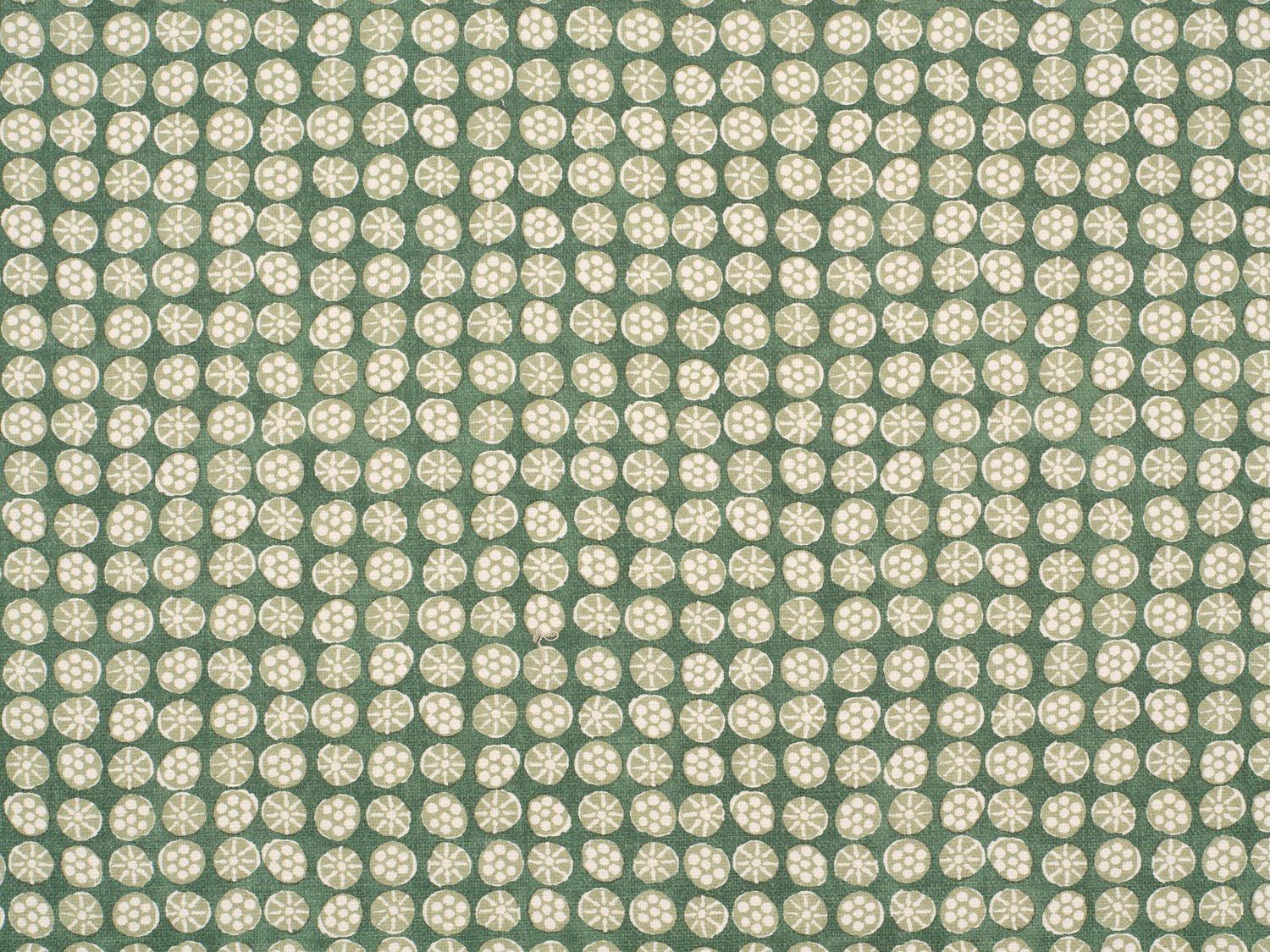 Detail of fabric in a circular floral print in light green and white on a mottled green field.