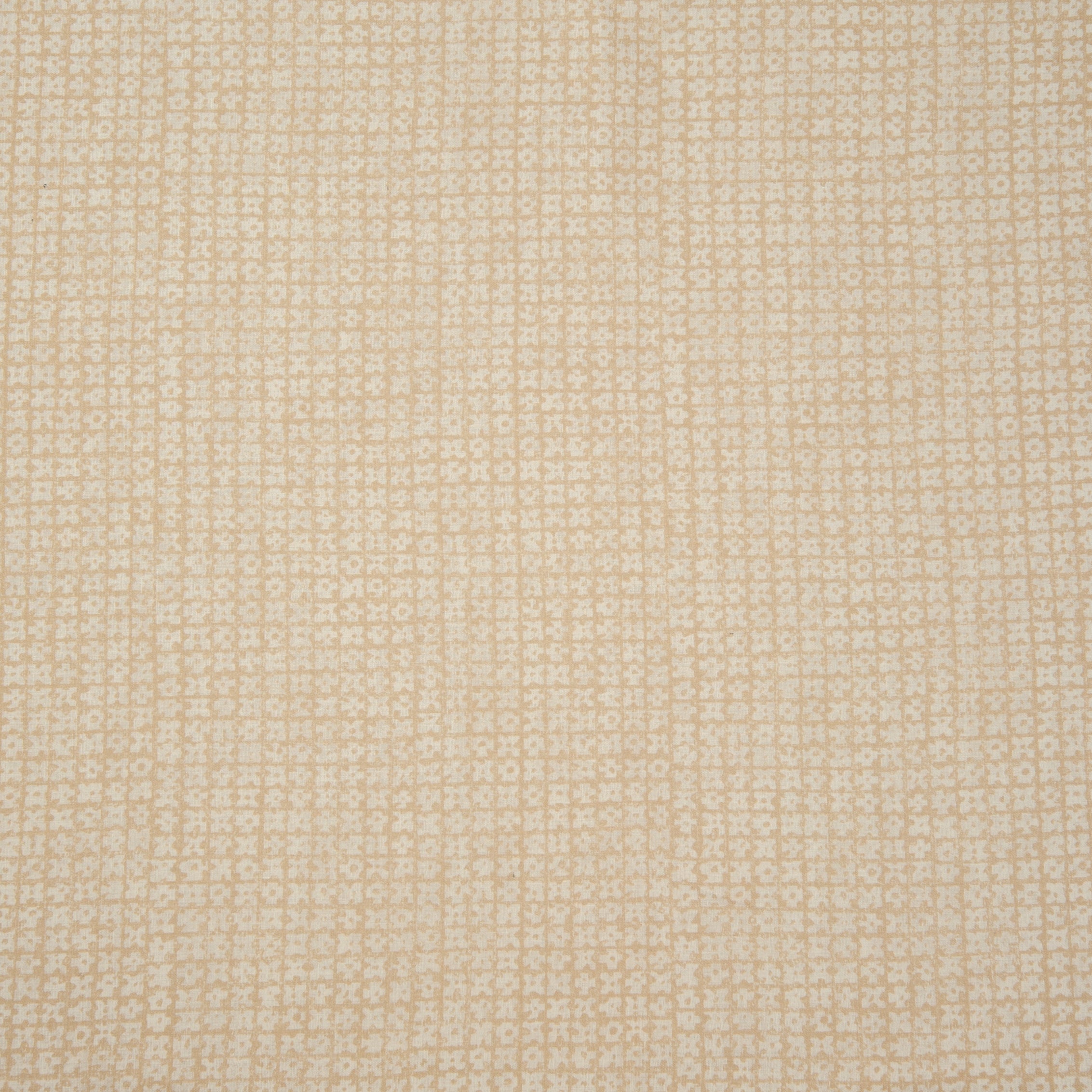 Detail of fabric in a textural basketweave print in tan on a cream field.