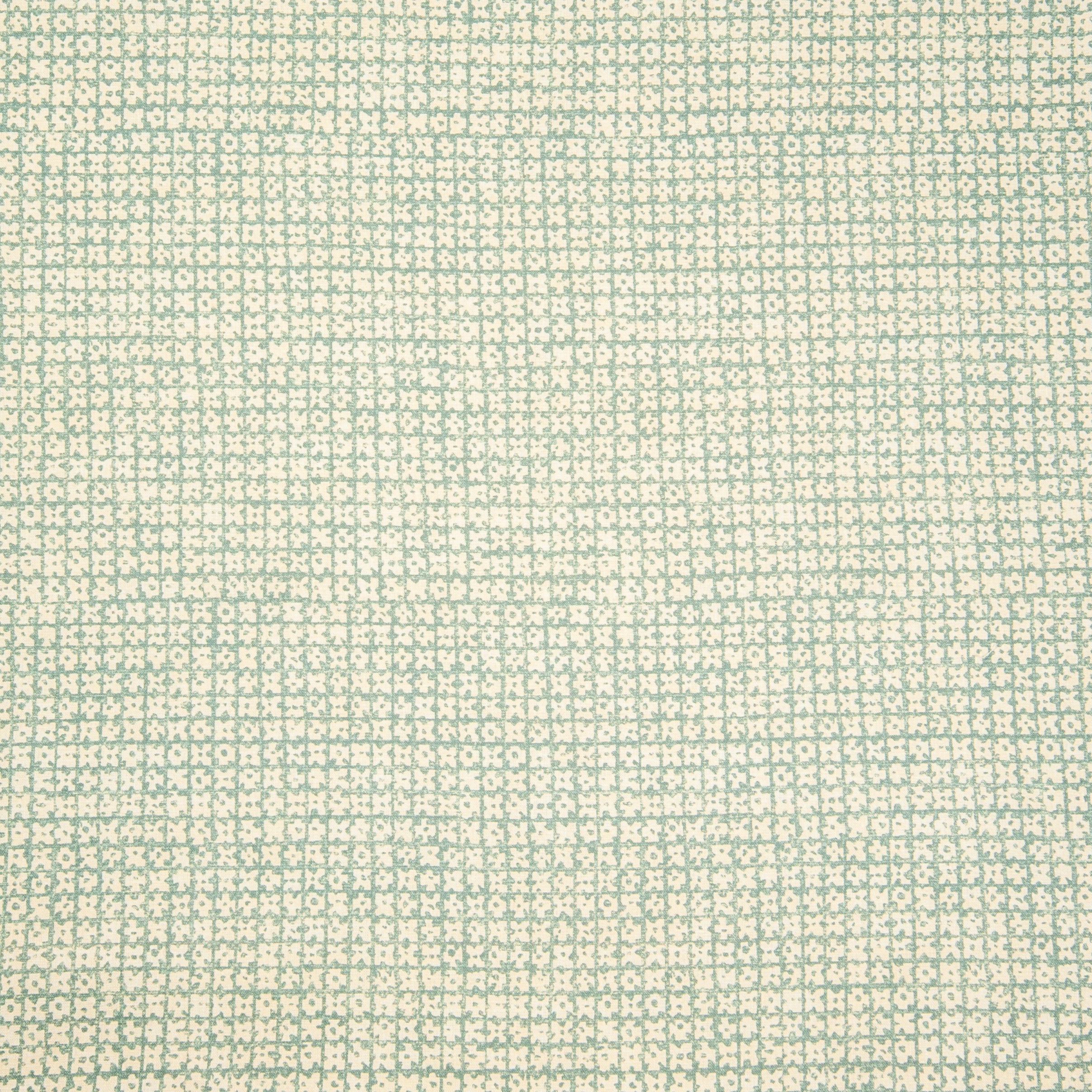 Detail of fabric in a textural basketweave print in teal on a cream field.