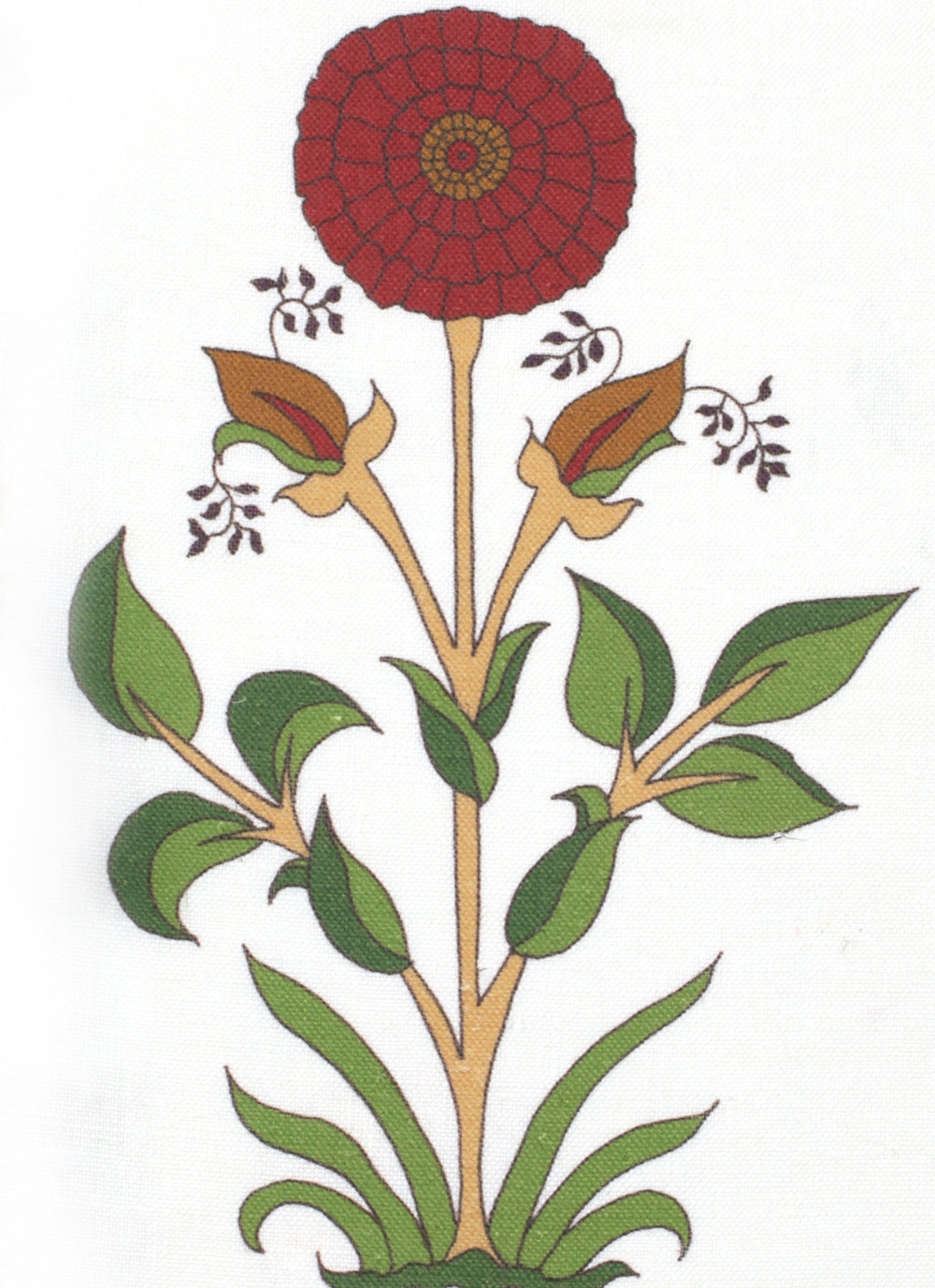 Detail of fabric in a large-scale marigold print in red, green and orange on a white field.