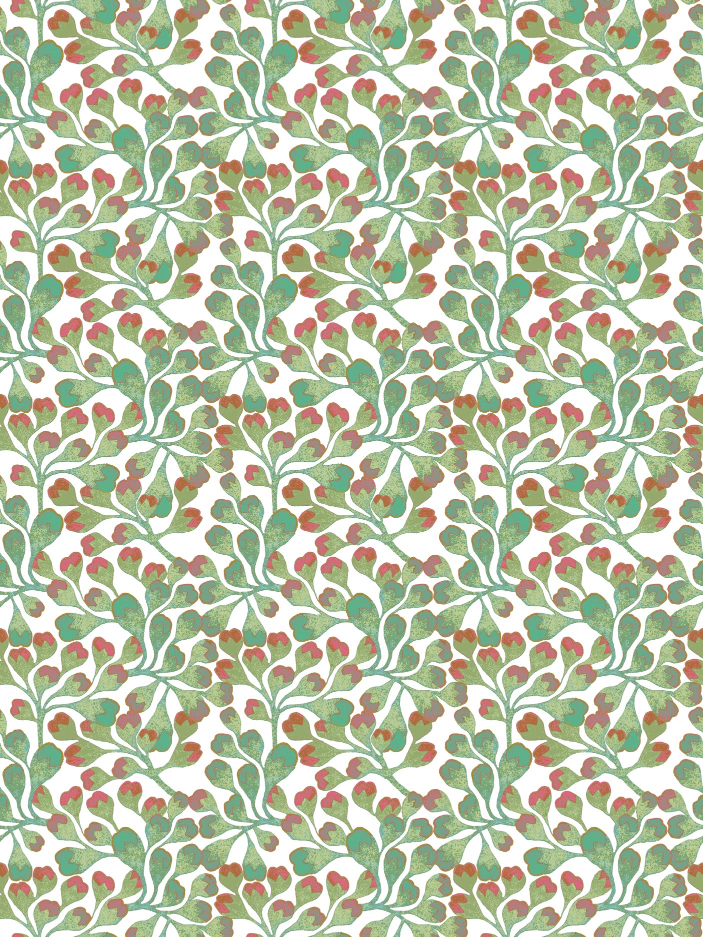 Patterned paper with green and red leaves on a white background