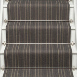 Striped flatweave runner in black and ivory on white staircase