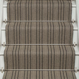 Striped flatweave runner in black and ivory on white staircase