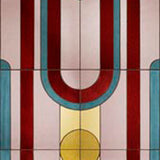 Wallpaper panel with stained glass pattern with geometric design in turquoise, pink, yellow and red. 