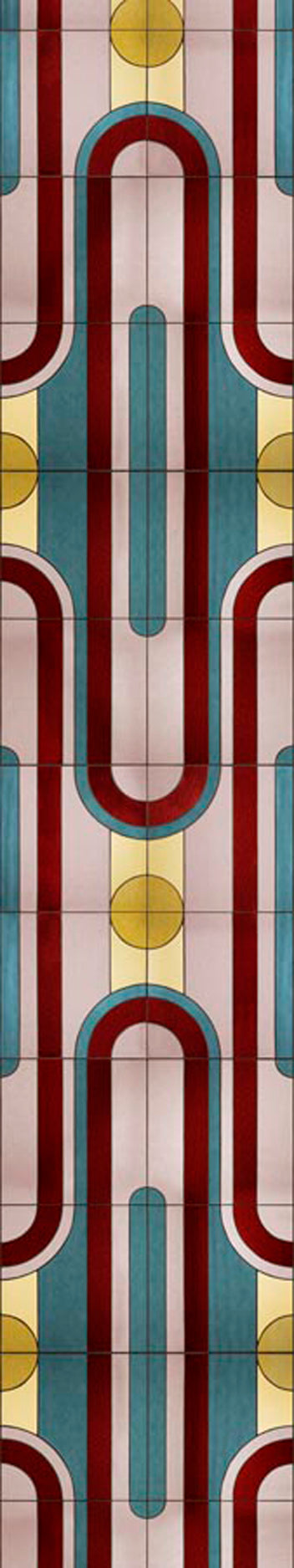 Wallpaper panel with stained glass pattern with geometric design in turquoise, pink, yellow and red. 