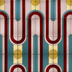 Wallpaper with stained glass pattern with geometric design in turquoise, pink, yellow and red. 
