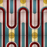 Wallpaper with stained glass pattern with geometric design in turquoise, pink, yellow and red. 
