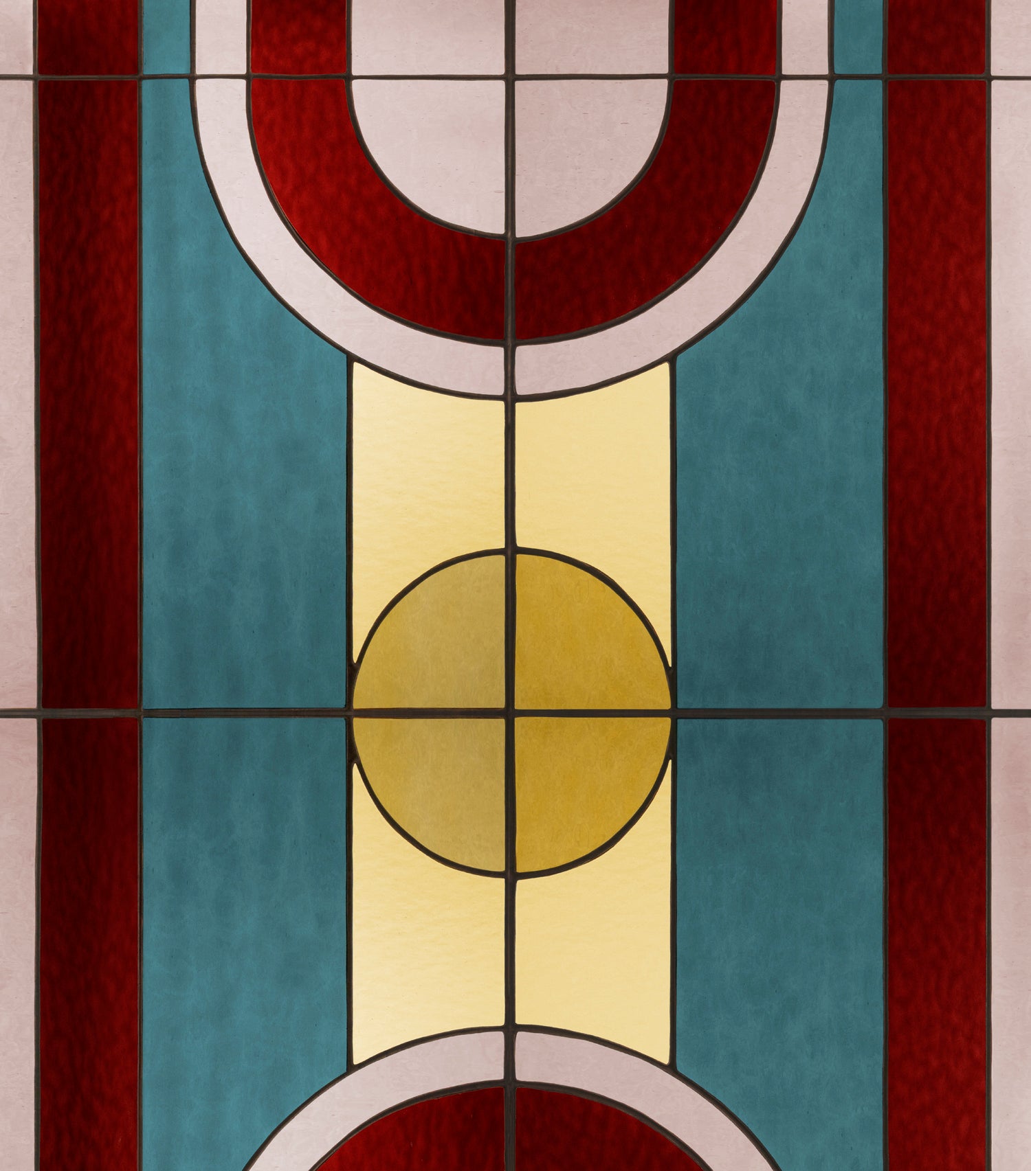 Wallpaper with Stained glass pattern with geometric design featuring concentric circles and rectangular blocks.