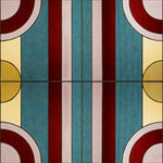 Wallpaper panel with stained glass pattern with geometric design in turquoise, pink, yellow and red. 