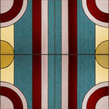 Wallpaper panel with stained glass pattern with geometric design in turquoise, pink, yellow and red. 