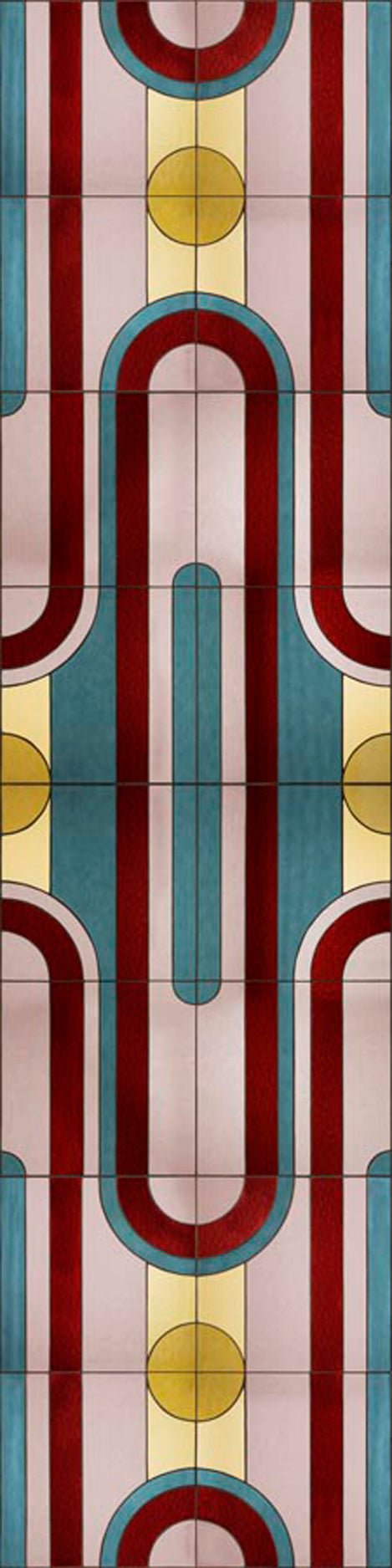 Wallpaper panel with stained glass pattern with geometric design in turquoise, pink, yellow and red. 