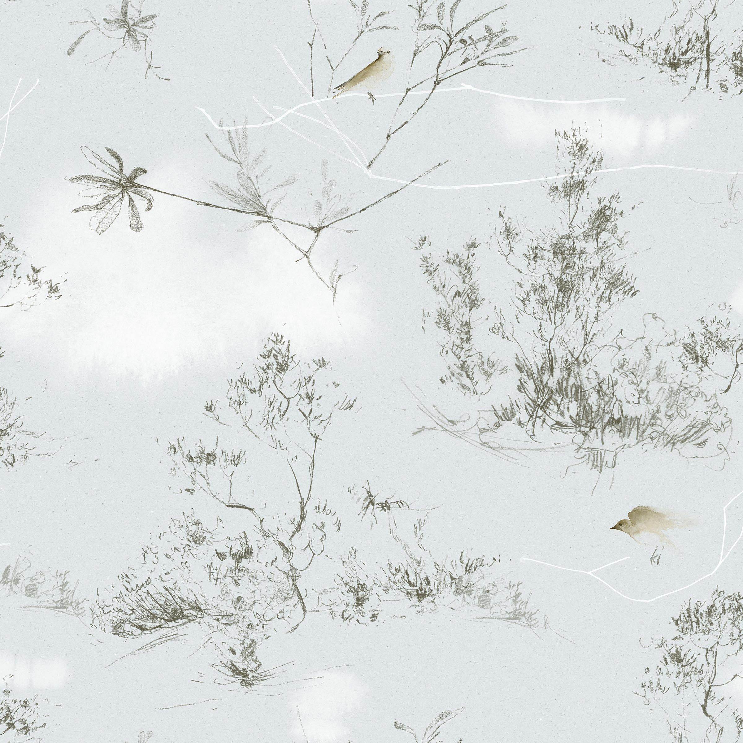 Detail of linen fabric with a painterly bird and branch print in shades of brown and gray on a light blue field.