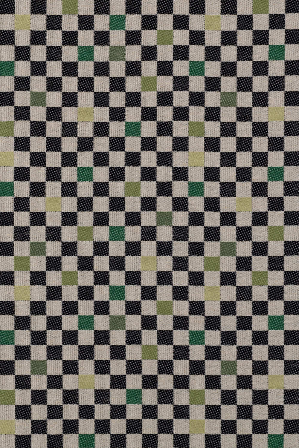 Jacquard fabric in a checked pattern in shades of yellow, green and black on a tan field.