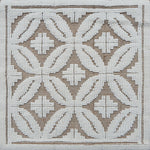 Handmade rug with classic circle lattice design in white on a tan field. 