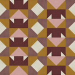 Detail of wallpaper in a geometric grid print in shades of purple and mustard on a cream field.