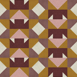 Detail of wallpaper in a geometric grid print in shades of purple and mustard on a cream field.
